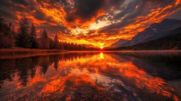 A stunning sunset casts brilliant hues of orange and red over a peaceful lake, with reflections mirroring the dramatic clouds and surrounding trees during twilight photo