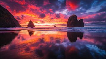 Vibrant sunset colors illuminate the sky and reflect off the wet sand at a tranquil beach. Majestic rock formations frame the scene, creating a picturesque landscape of nature photo