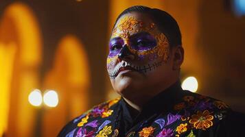 In a vibrant setting, a person adorned with intricate face paint and a traditional outfit stands proudly, embodying the spirit of Day of the Dead photo