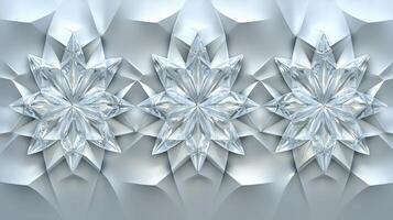Delicate crystal snowflakes are arranged in a symmetrical pattern against a textured silver backdrop, creating a striking visual effect in a modern design photo