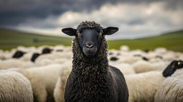 A distinct black sheep poses confidently in front of a flock of white sheep spread across a lush green pasture. Dark, cloudy skies loom in the background as they graze peacefully photo
