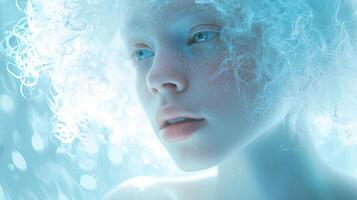 A person with curly white hair and blue eyes gazes thoughtfully, illuminated by soft light. The serene atmosphere enhances their unique features, creating a surreal experience photo