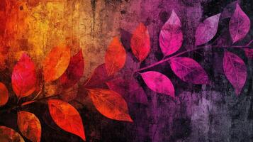 Bright and colorful leaves in shades of red, pink, and purple are arranged against a textured background. This artwork captures the essence of nature in an abstract form photo