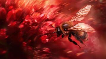 A busy bee is captured in mid-air as it moves towards bright red flowers in a garden. The sunlight enhances the vibrant colors, creating a lively atmosphere filled with nature's beauty photo