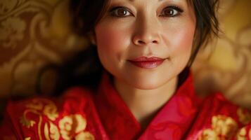 A woman wearing a vibrant red traditional outfit lies gracefully against an ornate backdrop, showcasing intricate patterns. Her expression conveys calm confidence photo