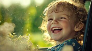 A young child with curly hair beams with joy while sitting in a car, surrounded by greenery. Sunlight highlights the happiness on the child's face, creating a warm atmosphere photo