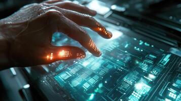 A hand adorned with glowing lights interacts with a vibrant digital interface filled with complex circuitry. The futuristic setting emphasizes technology and innovation photo