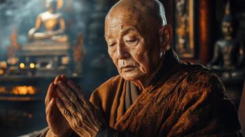 An elderly monk with closed eyes and hands clasped in prayer sits in a tranquil temple filled with spiritual artifacts. Soft morning light illuminates the surroundings photo