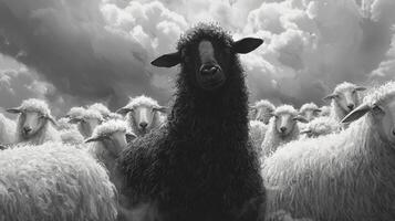 A striking black sheep prominently features in front of a group of white sheep, all positioned against a moody, cloud-filled sky. This rural scene highlights individuality amid the herd photo