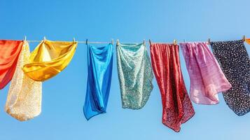 Brightly colored scarves and fabrics sway gently on a clothesline under a clear blue sky. The sunlight highlights the vibrant hues, creating a cheerful atmosphere photo