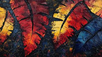 Vibrant leaves painted in shades of red, yellow, and blue create a striking contrast against a dark textured surface, highlighting artistic expression and creativity in design photo