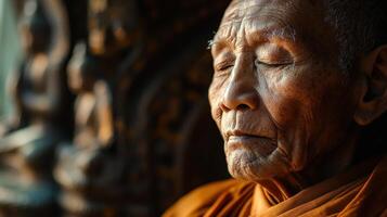 A senior monk sits in tranquility, eyes closed, in a temple adorned with intricate carvings. Soft light highlights his serene expression, evoking a sense of peace photo