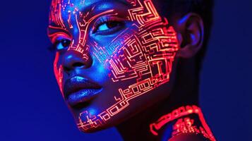 A model showcases intricate neon circuit patterns on her skin, illuminated under blue light. The artistic design highlights contemporary fashion and technology themes photo