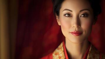 A woman dressed in traditional attire displays an enchanting expression, located indoors with rich, warm tones in the background that enhance her features beautifully photo