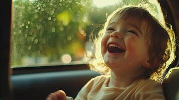 A toddler sits in the back seat of a car, laughing joyfully while sunlight streams through the window. Raindrops adorn the glass, enhancing the cheerful mood of the moment photo