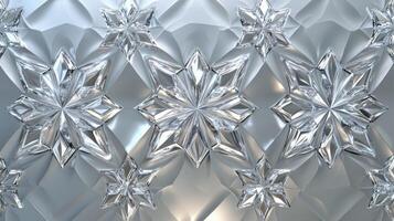 Intricate glass snowflakes are positioned in a beautiful arrangement on a reflective surface, creating an elegant and shimmering winter theme suitable for decor photo