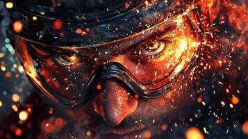A soldier gazes intensely, wearing tactical goggles, surrounded by fiery sparks and explosive effects. The atmosphere conveys high-stakes action and adrenaline photo
