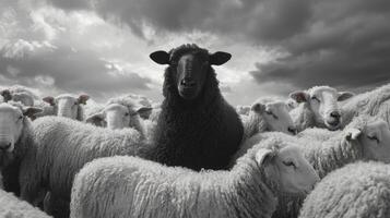 A striking black sheep attracts attention while surrounded by white sheep in a moody, overcast environment. The contrast emphasizes its uniqueness in the flock photo