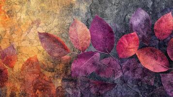 Bright autumn leaves in vibrant shades of red, purple, and orange contrast against a textured background. The colors evoke a sense of change and seasonal beauty photo