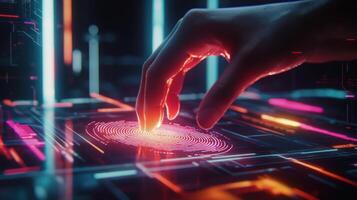 A hand reaches out to touch a vibrant circular pattern on a high-tech digital interface, illuminating the dark space with neon colors. This futuristic interaction occurs at night photo