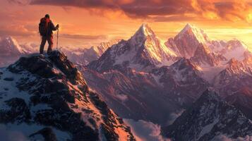 A climber surveys the breathtaking view from a mountain summit during sunset. The vibrant colors illuminate distant snow-capped peaks, creating a majestic landscape photo
