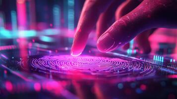 A hand is gently touching a glowing holographic surface displaying intricate patterns and vibrant colors, indicative of fingerprint recognition technology at a tech event photo