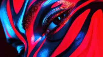 Vivid colors swirl across the face, emphasizing dramatic features and creative artistry. The environment reflects an artistic atmosphere, showcasing bold design and vibrant hues photo