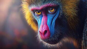 A close up of a colorful monkey with a blue face photo