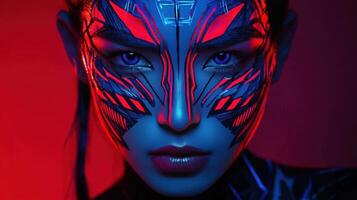 A model showcases an elaborate face paint design featuring vivid blue and red colors with intricate patterns. The lighting enhances the striking visual impact, creating a captivating atmosphere photo