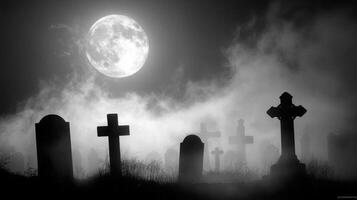 Graveyard shrouded in fog showcases weathered tombstones and crosses under a bright full moon. Eerie atmosphere evokes feelings of mystery and history photo