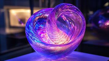 A stunning glass sculpture captures light with vibrant colors and detailed swirling patterns, displayed in a gallery that enhances its beauty against soft lighting photo