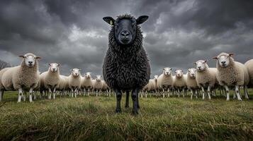 A black sheep standing in a field of white sheep photo