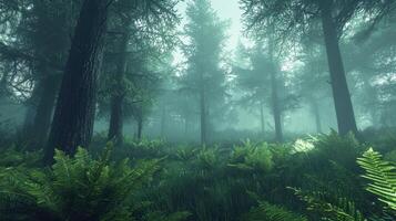 A forest scene with ferns and trees photo