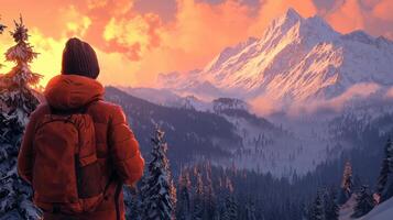 A person in an orange jacket standing on a mountain with a sunset in the background photo