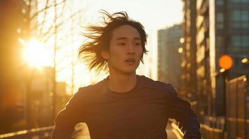 A jogger sprints along a city pathway during sunset, creating a silhouette against the backdrop of tall buildings. The warm light enhances the scene with a sense of freedom photo