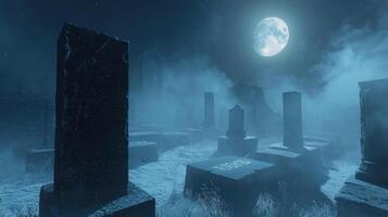 A dark graveyard features tall, eerie tombstones surrounded by a thick fog. The full moon casts a haunting glow, enhancing the mysterious atmosphere of the night photo