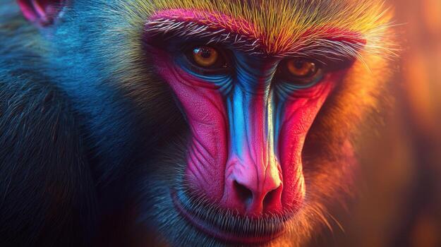 A close up of a colorful monkey with bright blue eyes photo