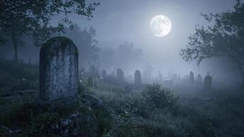 Under a bright full moon, a foggy cemetery reveals weathered gravestones surrounded by tall grass and trees, creating an eerie yet tranquil atmosphere at night photo