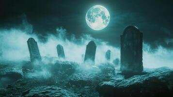 A haunting graveyard is shrouded in mist under the glow of a bright full moon. Old tombstones stand in eerie silence, creating a chilling atmosphere of mystery and tranquility photo