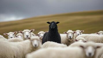 A black sheep standing in a field of white sheep photo