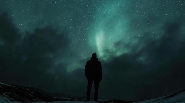 A person standing under the aurora lights in the sky photo