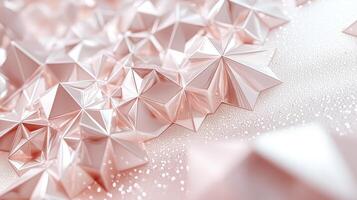 A collection of rose gold geometric shapes in various sizes and angles is arranged on a sparkling background, creating a visually appealing and luxurious decoration that captivates photo