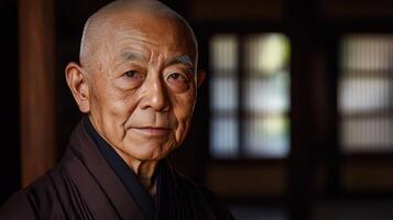 An old man in a monk robe looks into the camera photo