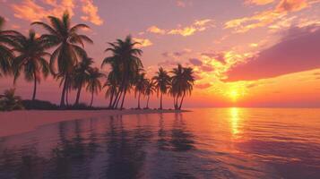 A tropical beach with palm trees at sunset photo