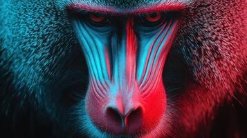 A close up of a monkey's face with red and blue lights photo