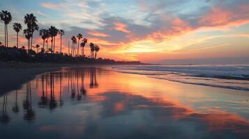 Palm trees are reflected in the water at sunset photo
