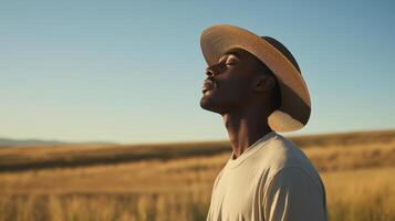 A man wearing a hat in a field photo