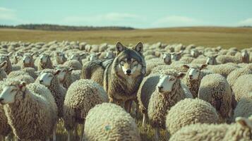 A wolf standing in a field surrounded by sheep photo
