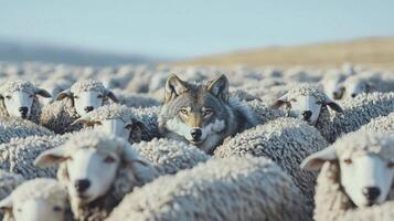 A wolf is surrounded by sheep photo