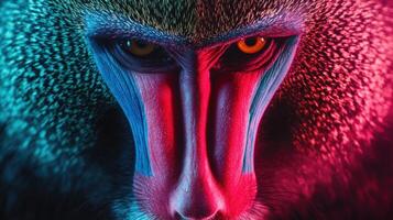 A close up of a monkey's face with a red and blue background photo